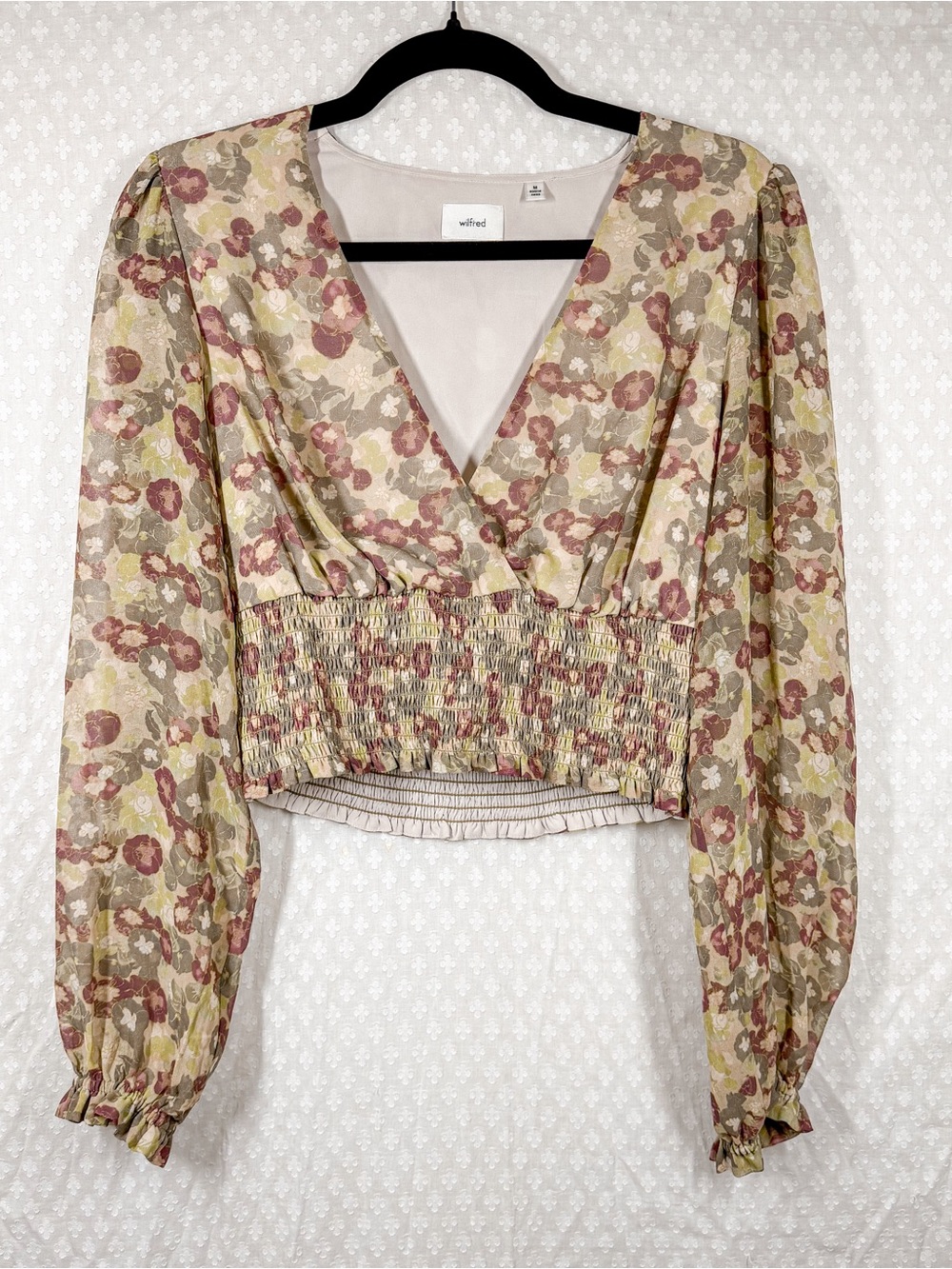 Aritzia Wilfred Green Purple Floral Smocked Wistful Long Sleeve V Neck Top